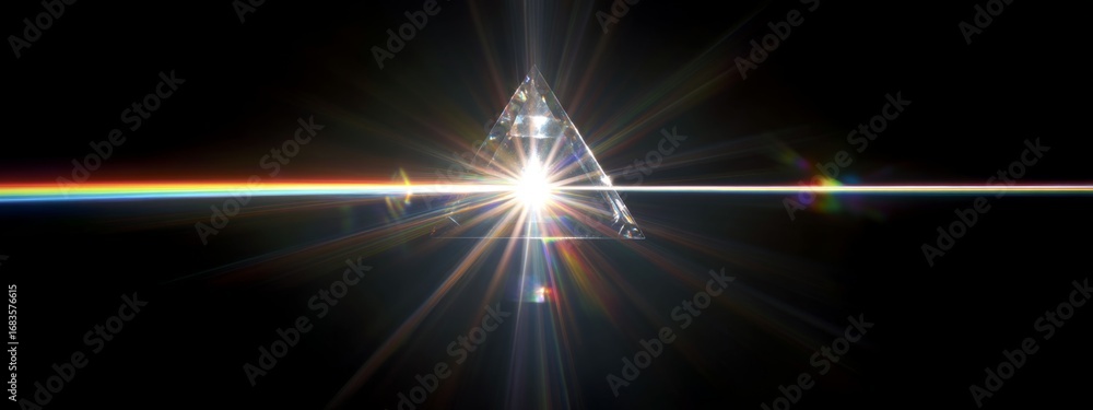 Poster cosmic ray burst through prism creating spectacular light refraction with vibrant spectrum in dark b