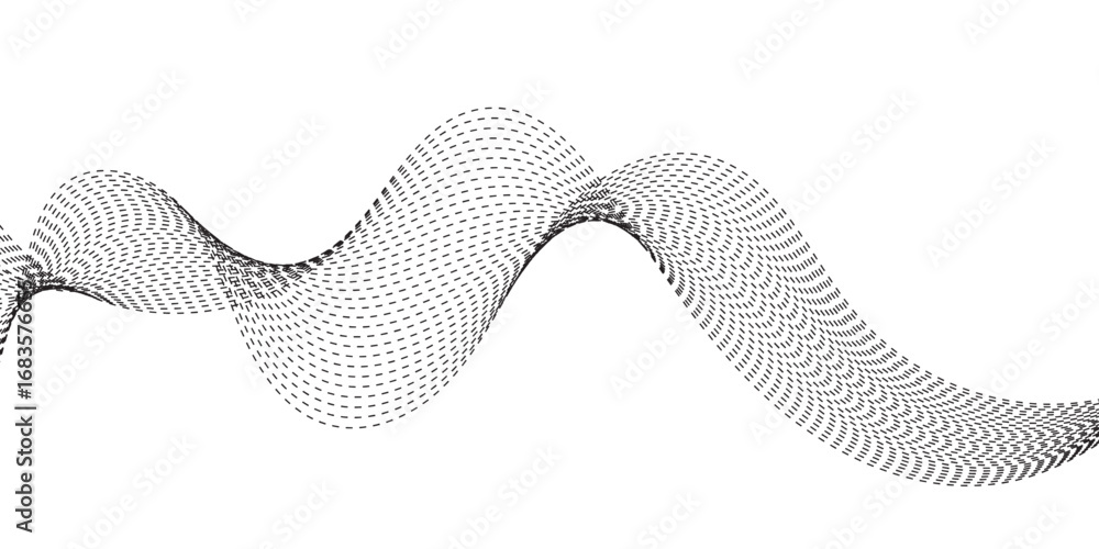 Poster minimalist illustration featuring dotted waveforms in black fading to gray, gracefully intertwining 