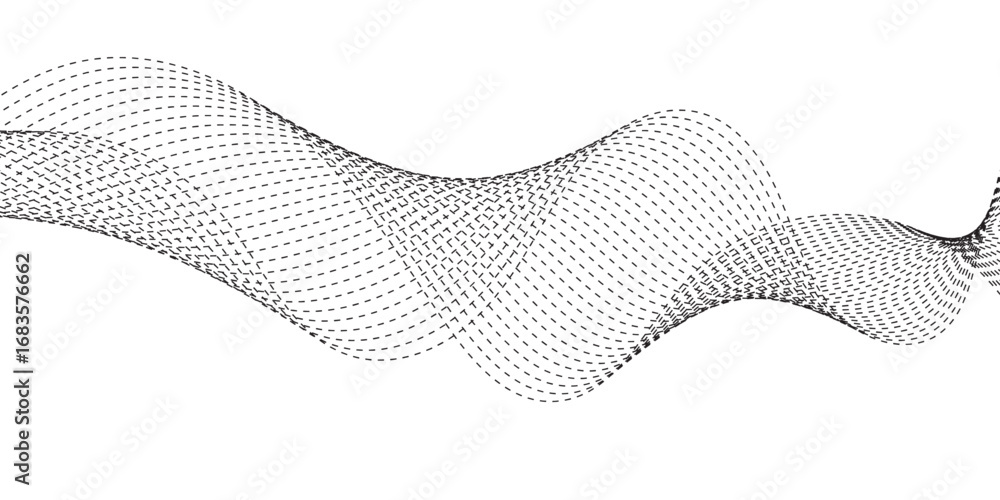 Poster minimalist illustration featuring dotted waveforms in black fading to gray, gracefully intertwining 