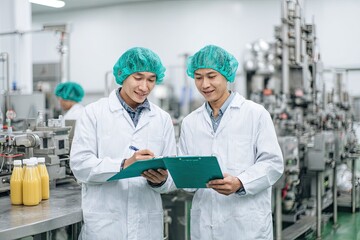 Two Asian food production workers inspecting the beverage bottling line.