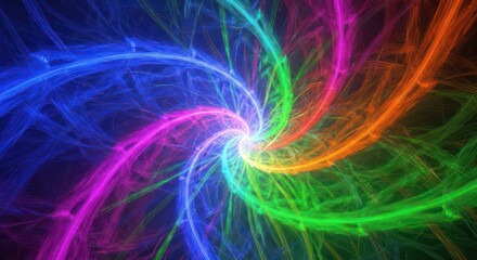 A vibrant fractal swirl with dynamic movement and intense colors captivates the viewer. This abstract design features a kaleidoscope of bright hues, creating a mesmerizing visual experience.