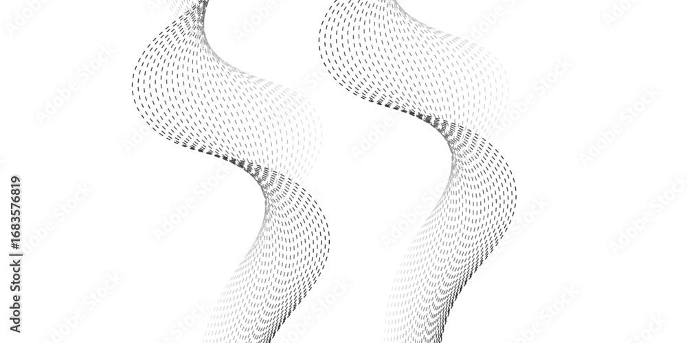 Poster minimalist illustration featuring dotted waveforms in black fading to gray, gracefully intertwining 