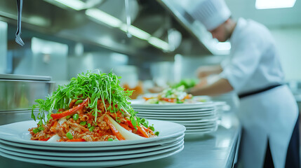 Chef preparing a dish with fresh greens and vegetables in a professional kitchen