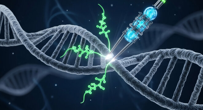 A highly detailed 3D render of a CRISPR gene editing concept, showing a DNA helix being precisely cut and edited by a futuristic nanite tool, on a dark blue background