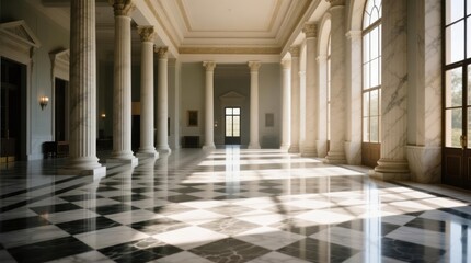 Fototapeta premium Grand colonnaded hall, sunlight streams through windows