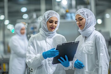 Two female scientists in cleanroom suits discussing data on a clipboard in a modern laboratory setting.