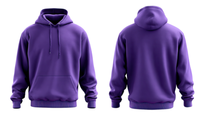 Purple hoodie, front and back views.  Flat lay, digital render