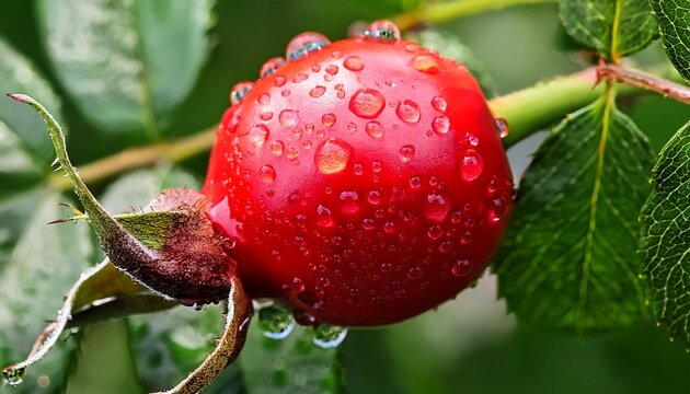 closeup of a single ripe red rose hip with water droplets and green leaves