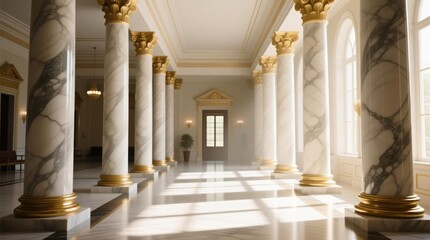 Grand, sunlit hall with ornate marble columns and golden capitals