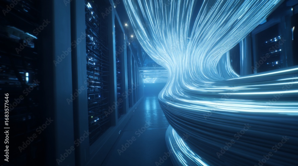 Aufkleber futuristic data center with glowing fiber optic cables and streams of light flowing through the netw