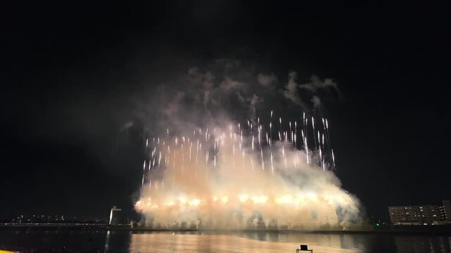 夜の大分市街と大分川の上空に広がる打ち上げ花火