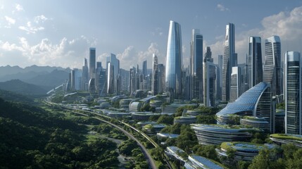 Obraz premium Futuristic Solar-Powered City Skyline Surrounded by Nature and Modern Architecture