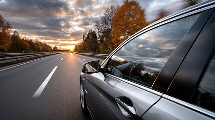 Fototapeta premium Hands grip the steering wheel of a car navigating a winding mountain road as the sun sets, casting beautiful hues over the scenery
