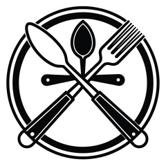 Vector illustration of a restaurant menu icon with a plate, fork, and knife on a table, perfect for a food or dining symbol