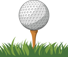 Close up of a white golf ball on a wooden tee in green grass