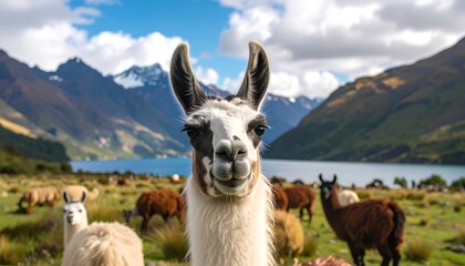Playful llama in a mountain meadow by a tranquil lake, with a focus on its expressive face and the beautiful landscape.