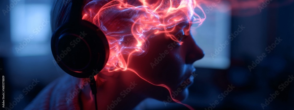 Poster futuristic neurofeedback device with glowing effects on brain activity in a modern setting