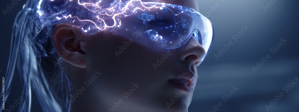 Poster futuristic neurofeedback device with glowing elements for enhanced brain function and cognitive perf