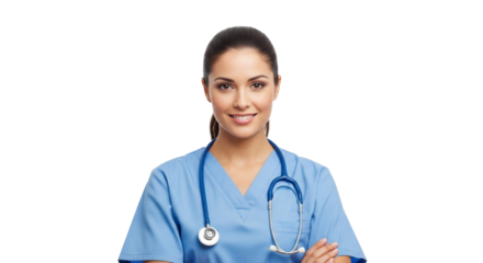 A smiling female nurse in blue scrubs with a stethoscope around her neck posing for the camera