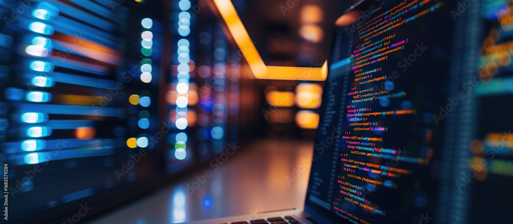 Poster digital fortress: the laptop screen lights up in the heart of a data center, showcasing lines of cod