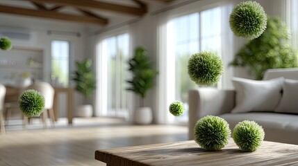 A cozy couch is accentuated by lively green elements that symbolize nature, enhancing indoor air quality in a modern living space