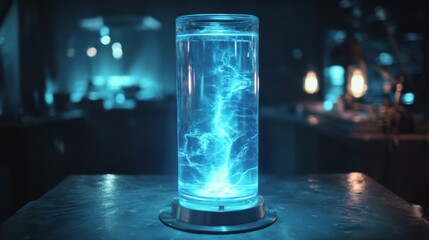 Futuristic Water Purification Hologram in a Modern Laboratory Setting with Glowing Elements