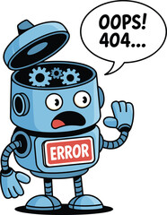Cute cartoon robot with an open head and error message saying oops 404