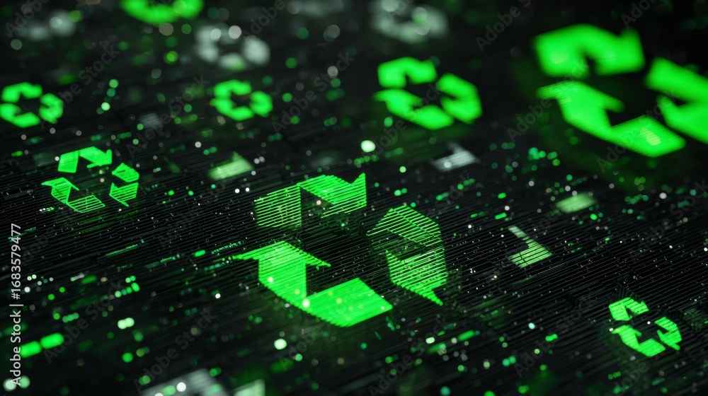 Aufkleber glowing green recycling symbols with arrows representing data flow and environmental responsibility