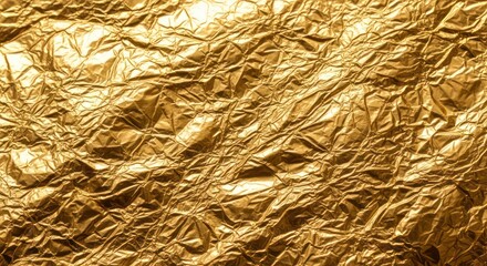 An abstract, textured composition of a crumpled, golden foil surface that glistens, evoking a sense of luxury, wealth, and intricate detail.