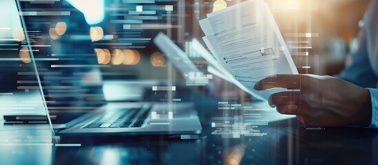Analyzing the Data: A professional meticulously reviews documents while simultaneously engaging with cutting-edge technology, symbolizing an era of enhanced data analysis