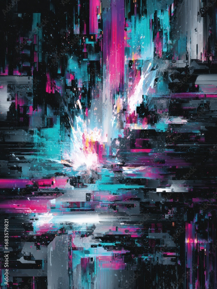 Aufkleber digital artwork featuring an explosion of vibrant colors and dynamic patterns, creating a surreal vi