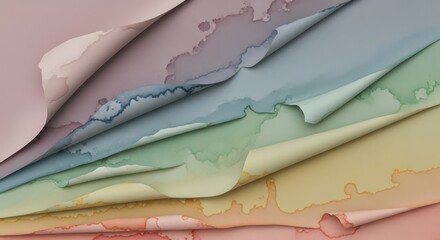 A visual delight that presents a serene composition of textured, multi-layered papers, each sheet gently curled to unveil a spectrum of soft pastel colors, evokes a sense of artistic inspiration.