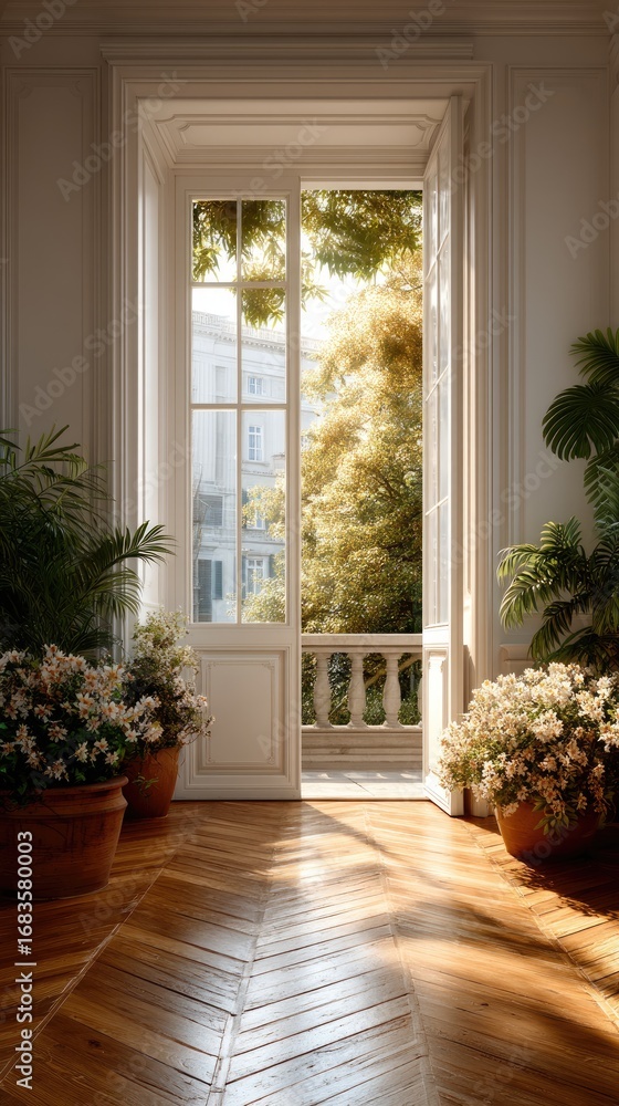 Poster lush flowers cascade over a wooden path next to an open window, creating a peaceful and inviting atm