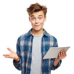 Young surprised man with tablet on transparent background