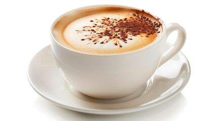 Cappuccino Delights: An inviting close-up of a freshly brewed cappuccino in a pristine white cup and saucer, artfully adorned with delicate cocoa dusting.