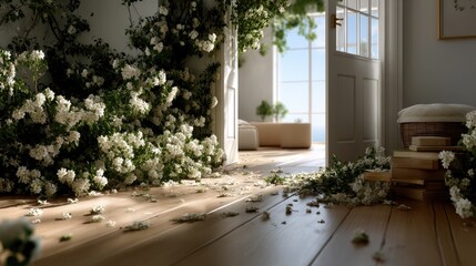 Naklejka premium Lush flowers cascade over a wooden path next to an open window, creating a peaceful and inviting atmosphere on a sunny day