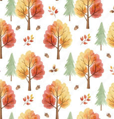 Obraz premium Watercolor Fall Trees and Acorns Seamless Pattern