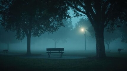 Enigmatic park scene with solitary bench shrouded in dense fog beneath luminous street light