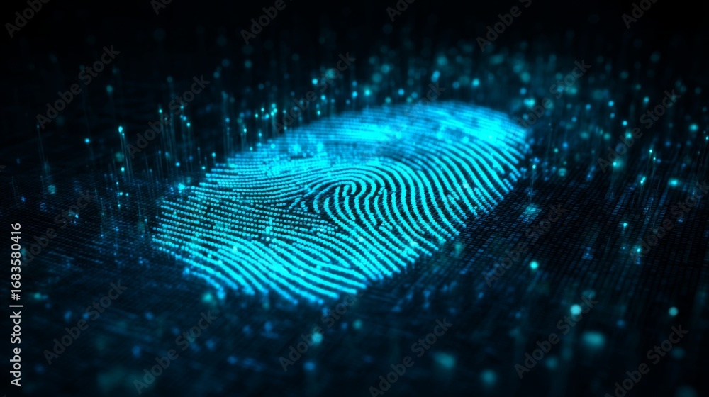 Poster holographic digital fingerprint glowing in a cyber matrix environment with abstract data connections