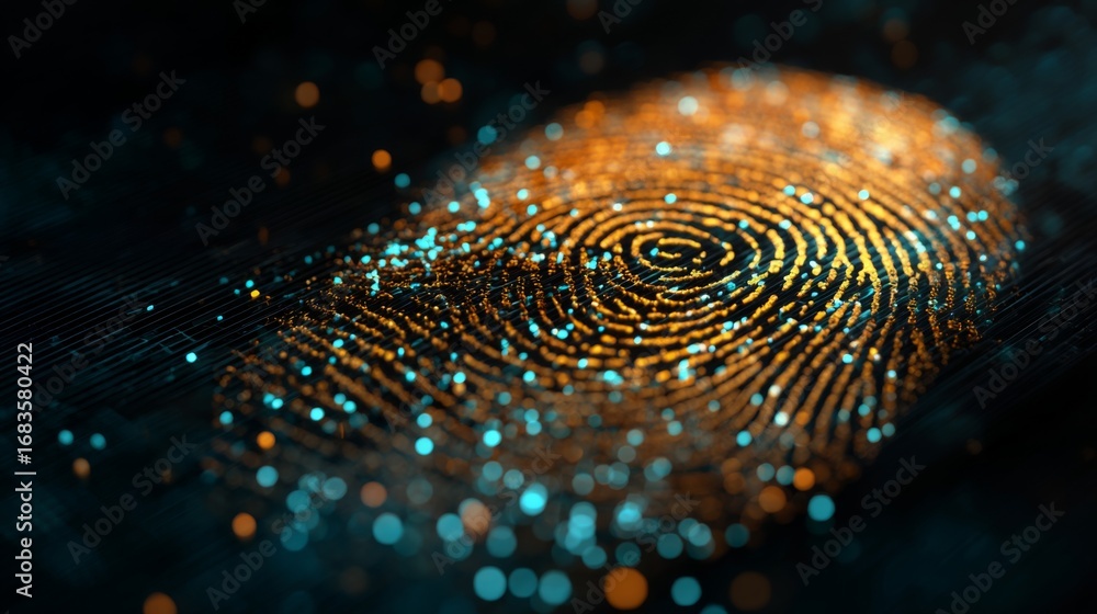 Poster Holographic fingerprint glowing in a digital matrix with vibrant colors and intricate patterns representing modern technology