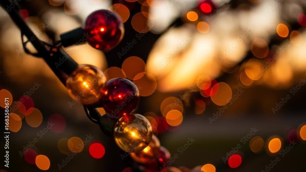 Poster close up of red and orange christmas string lights with bokeh background glowing in the evening