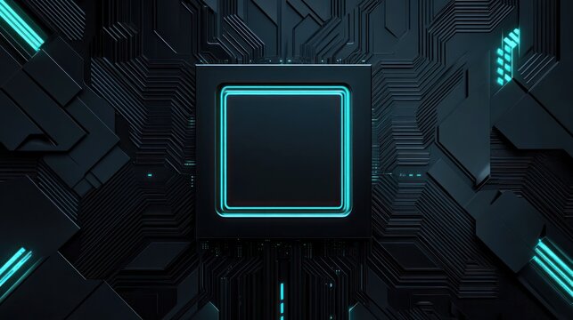 Abstract dark digital circuit board with glowing teal square processor