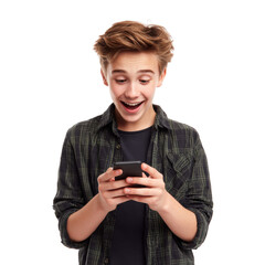Young excited teen boy using smartphone on transparent background