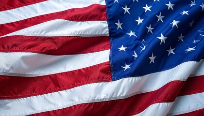 Close-up view of an American flag, showcasing the vibrant colors and intricate details of the fabric, as well as the symbolic stars and stripes.