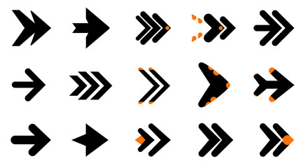 A diverse collection of black and orange arrow icons and symbols, showcasing various styles and designs in a grid layout.