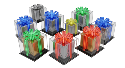 Futuristic Christmas Gifts in Acrylic Boxes on Transparent Background