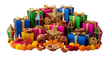 Diwali Gift Arrangement with Sparkling Decorations and Diyas on Transparent Background