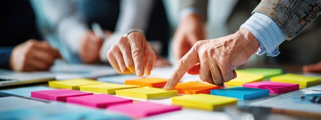 Collaborative brainstorming session.  Hands arranging colorful sticky notes on a table
