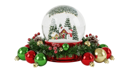 Christmas Snow Globe with Ornaments and Pinecones on Transparent Background