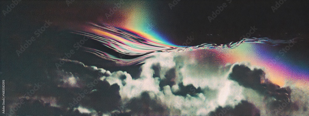 Poster ethereal dissolving effect of gradient space vapor with glitch aesthetic over cloudy background